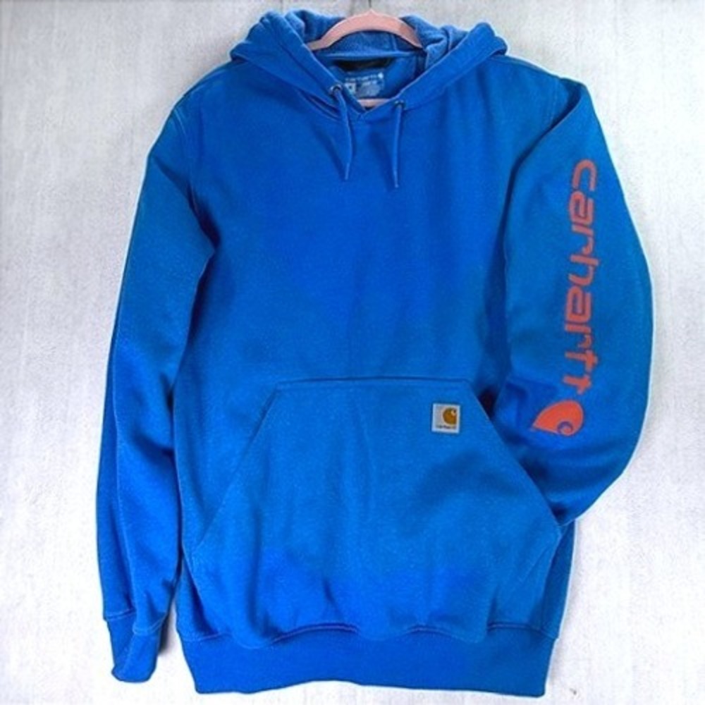 Carhartt Mens M Midweight Hoodie Coast Blue/Orange Graphic Sleeve Logo TS0288-M